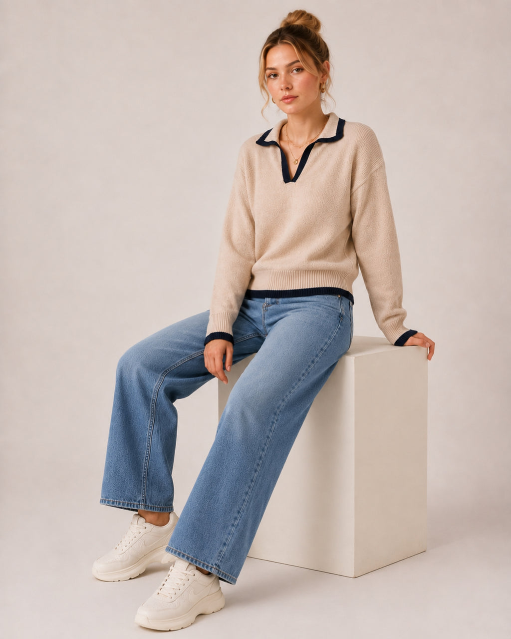 Women's V Neck Collared Knitted Jumper