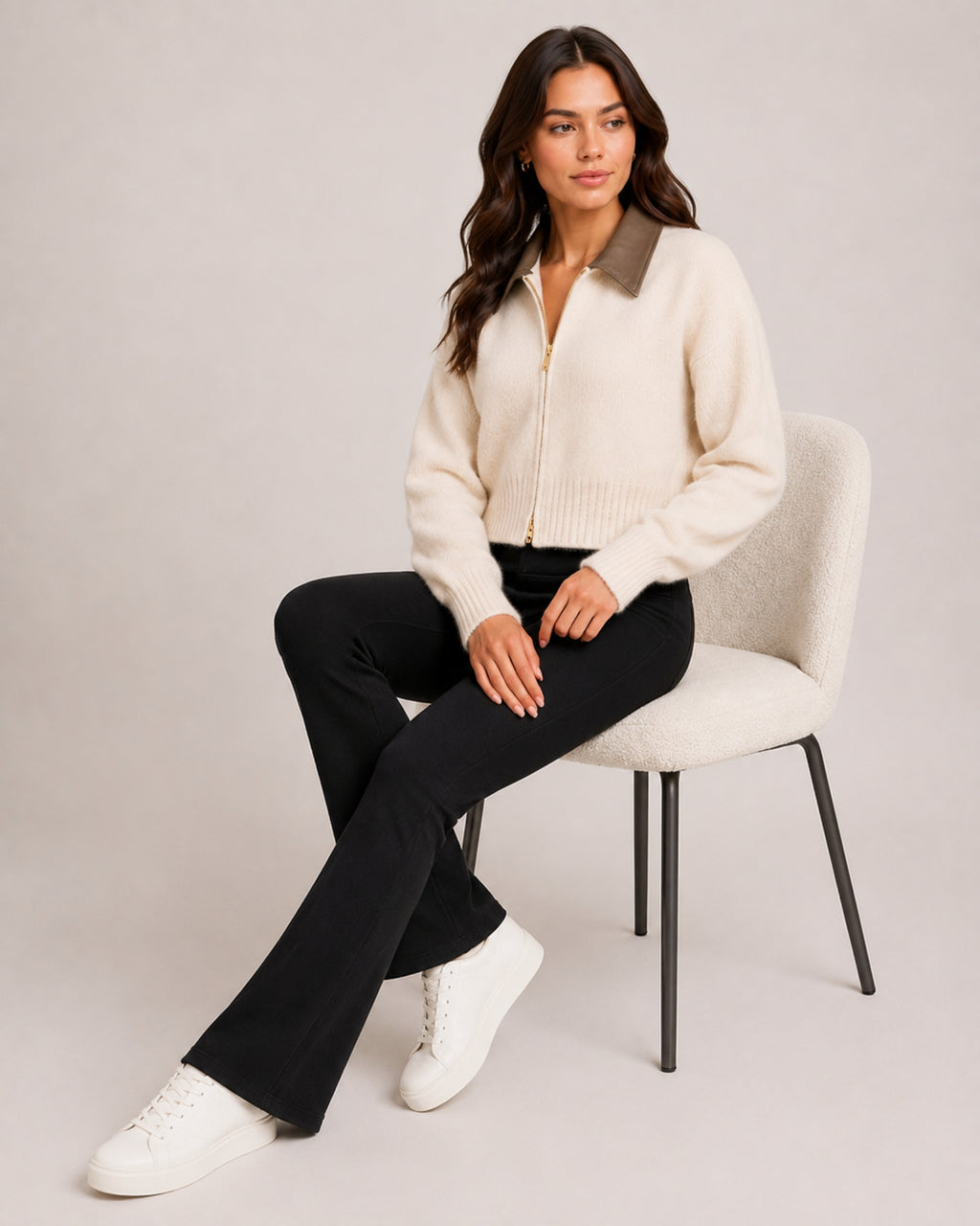 Women's Cropped Zip-Up Cardigan with Contrast Collar