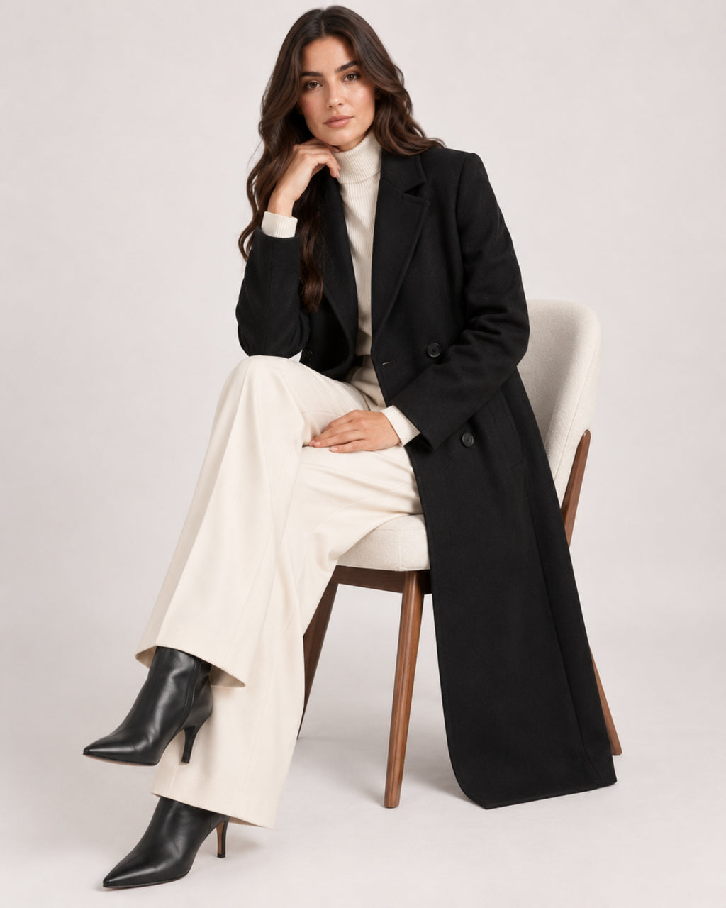 Women's Black Overcoat Long Double Breasted Tailored Style