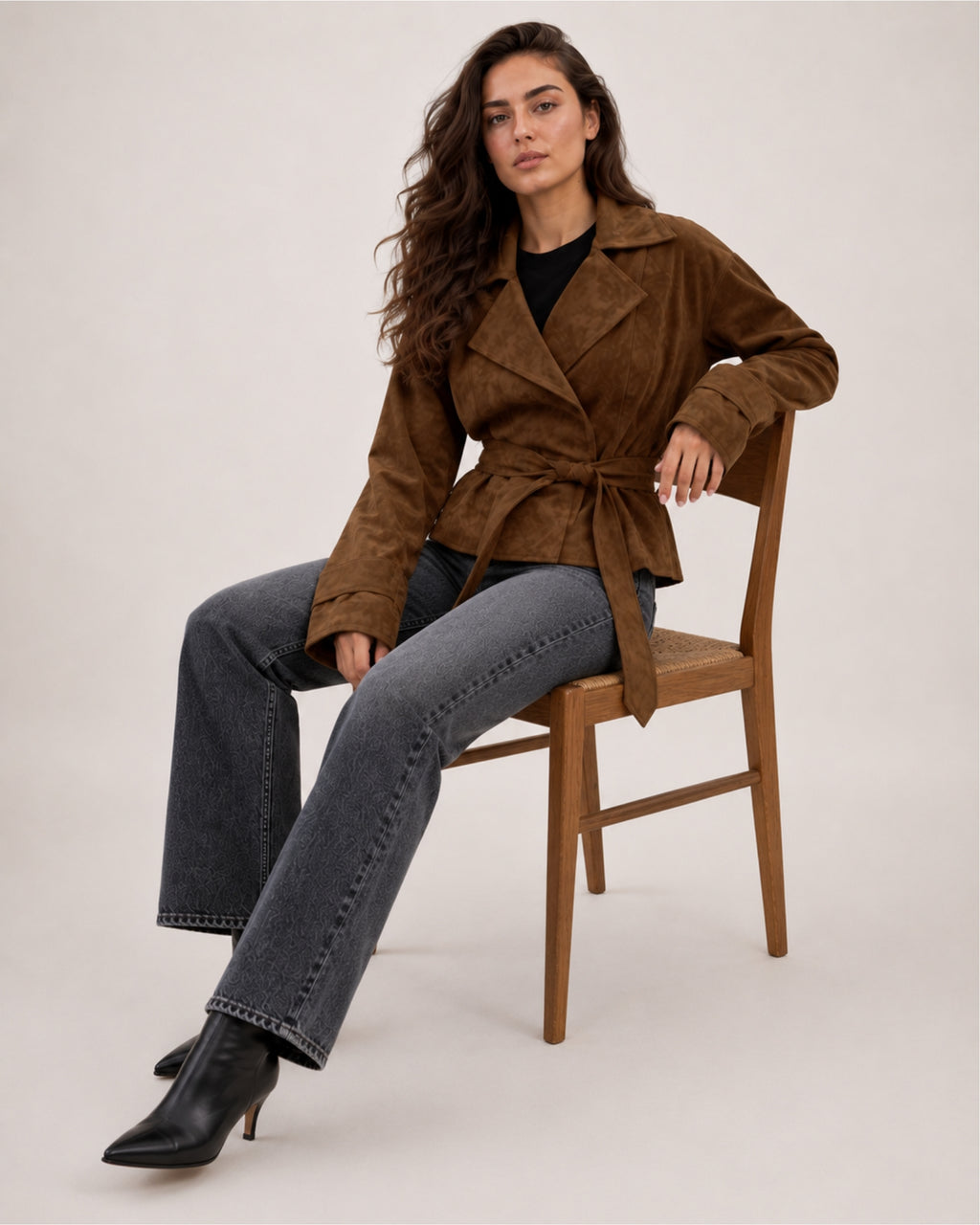 Women's Brown Suede Belted Jacket