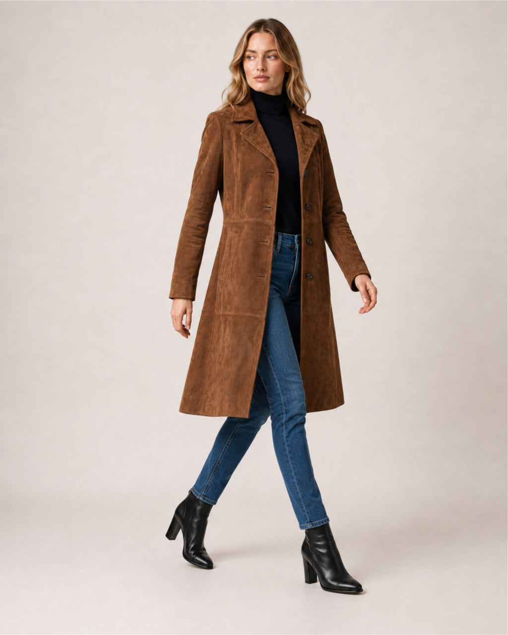 Women's Suede Coat Long Brown Tailored Style