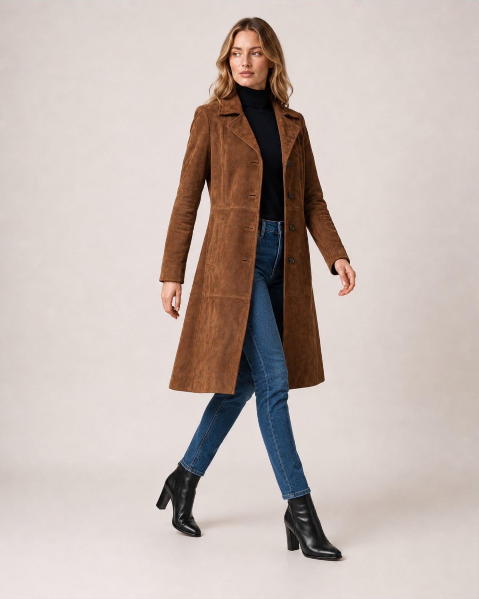 Women's Suede Coat Long Brown Tailored Style