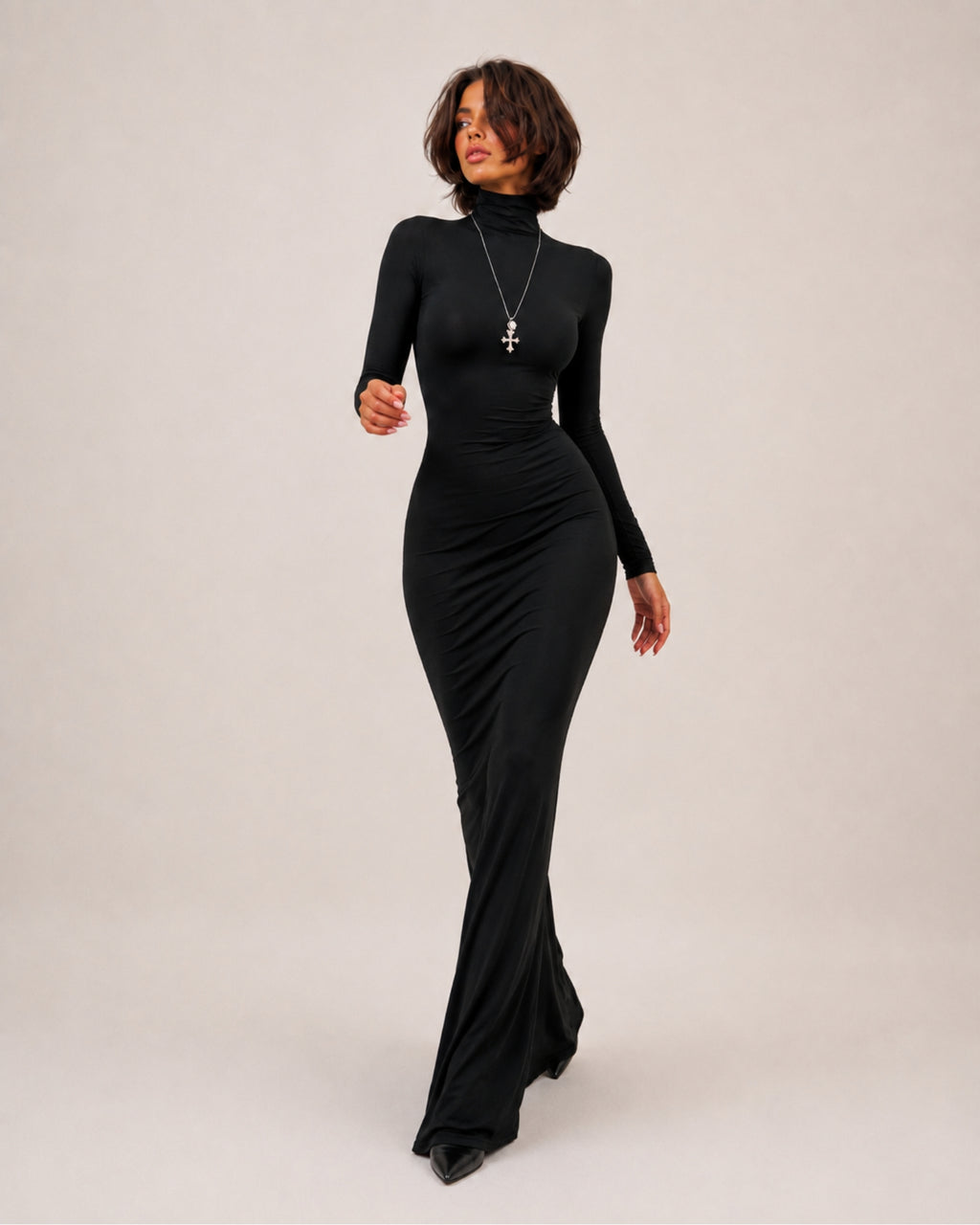 Women's Long Sleeve Bodycon Maxi Dress with High Neck