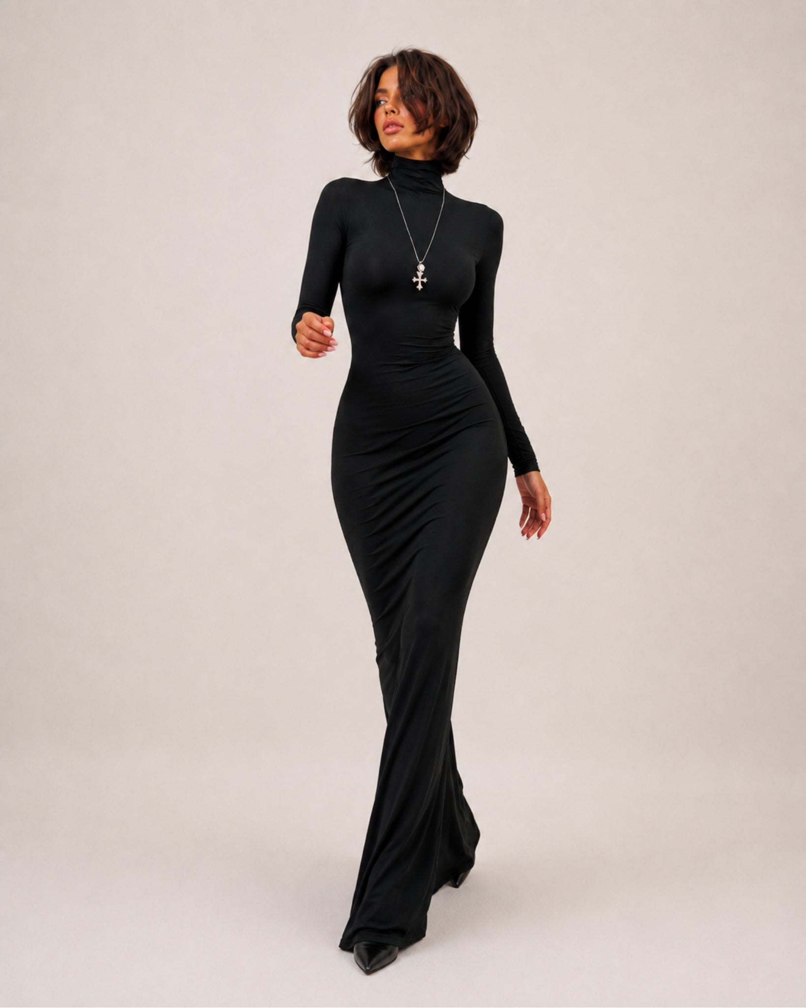 Women's Long Sleeve Bodycon Maxi Dress with High Neck