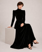 Women's Velvet Dress High Neck Long Sleeve A Line Style
