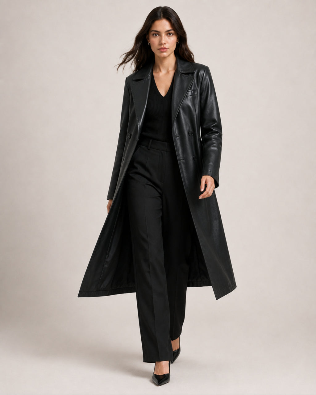 Women's Trench Coat Faux Leather Longline Belted Style