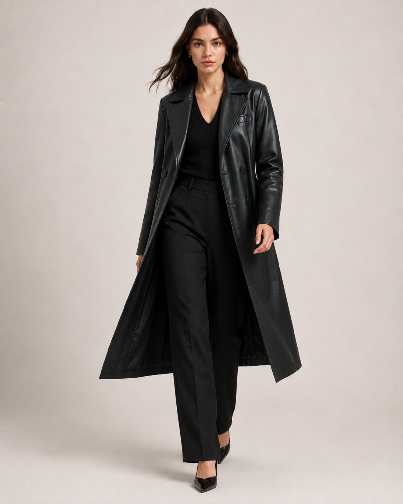 Women's Trench Coat Faux Leather Longline Belted Style