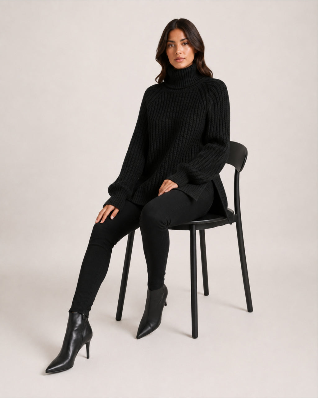 Women's Chunky Knit Roll Neck Jumper with Side Splits