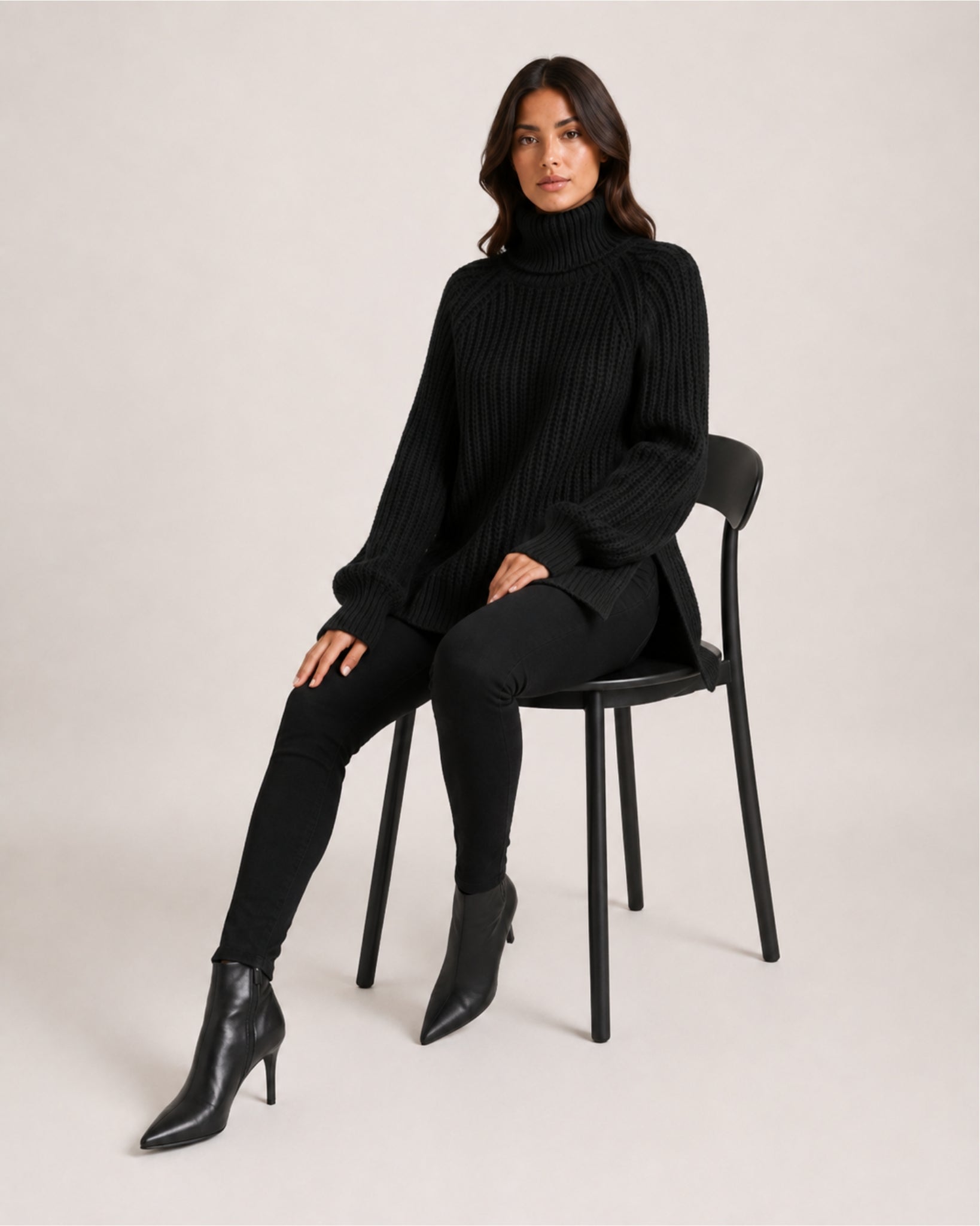 Women's Chunky Knit Roll Neck Jumper with Side Splits