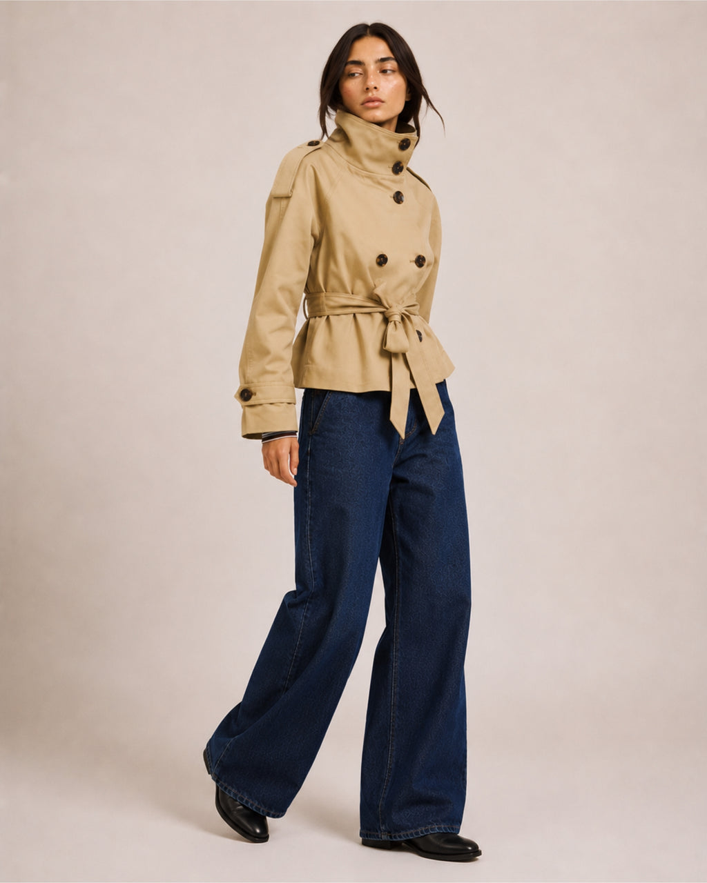 Women's Cropped Trench Coat with Belt & Stand Collar