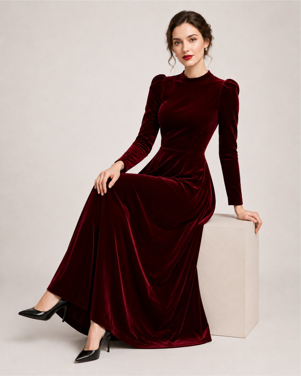 Women's Velvet Dress Midi Long Sleeve A Line Style