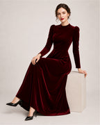 Women's Velvet Dress Midi Long Sleeve A Line Style