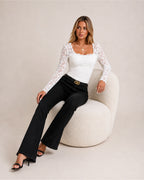 Women's White Lace Long Sleeve Top – Square Neck Lace Top