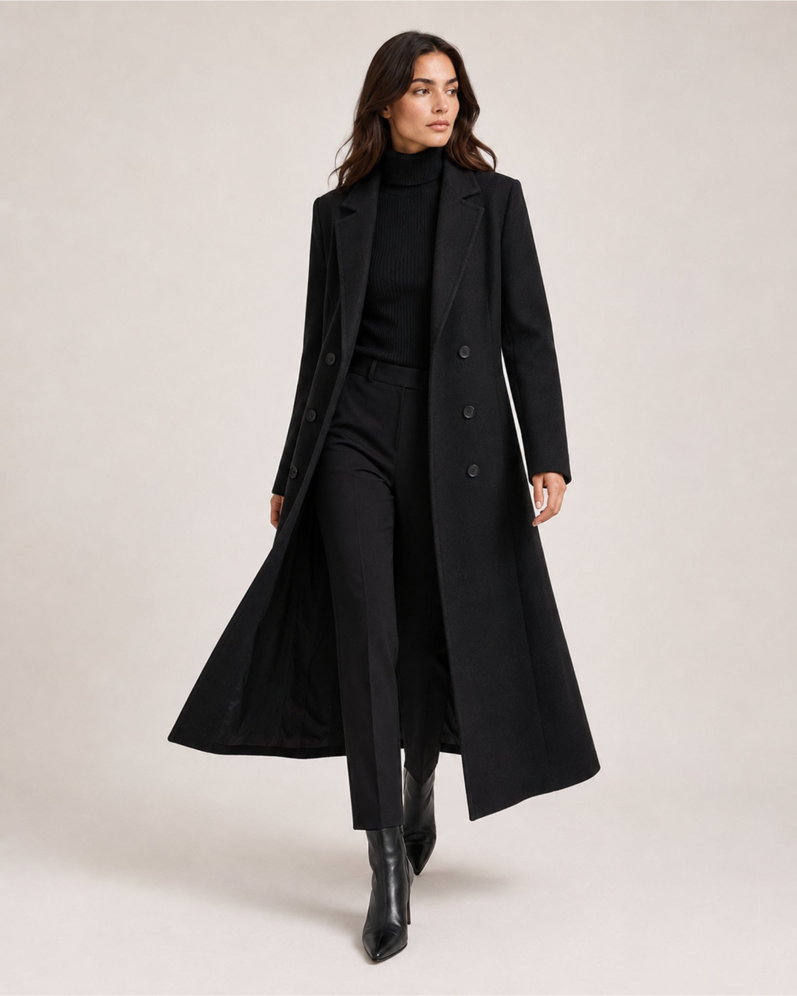 Women's Black Overcoat Long Double Breasted Tailored Style