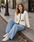 Women's Quilted Jacket – Lightweight Contrast Trim Button-Up Coat