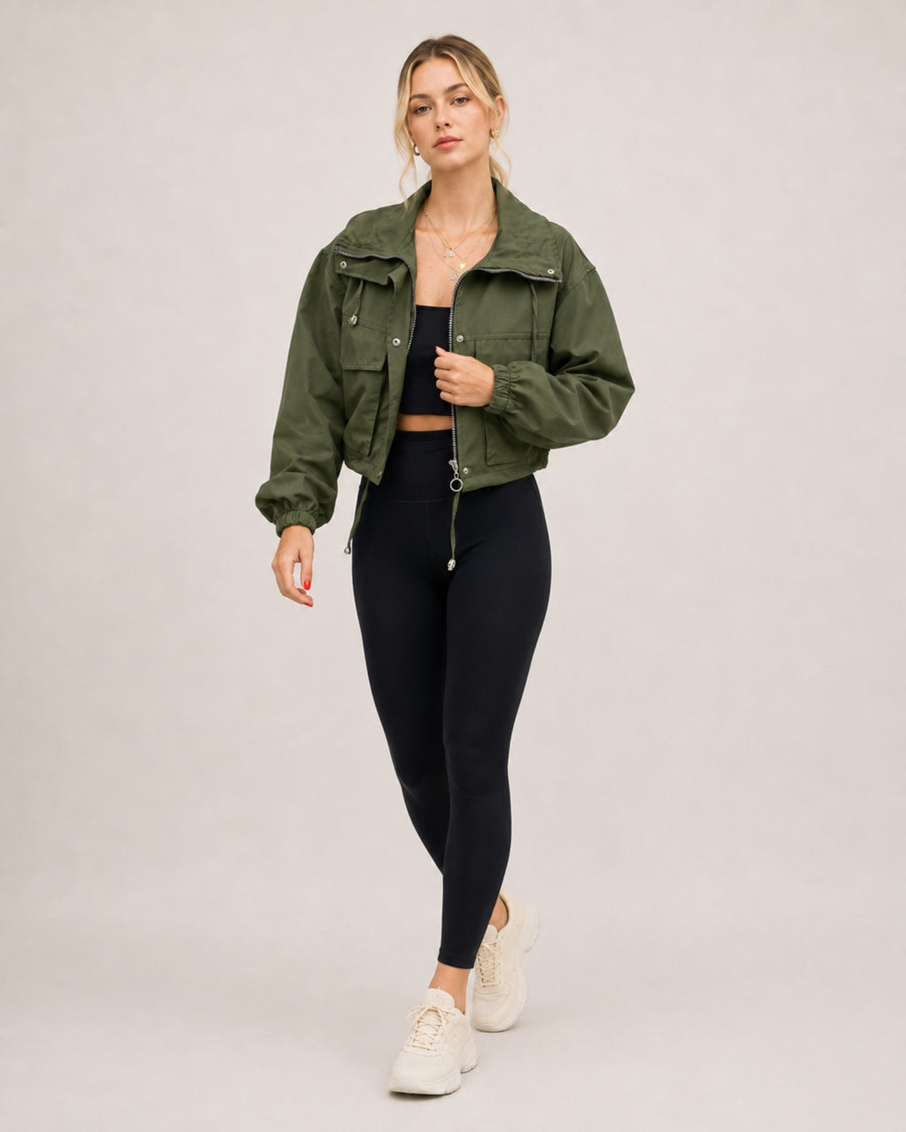 Women's Cropped Utility Jacket with Stand Collar and Chest Pockets