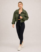 Women's Cropped Utility Jacket with Stand Collar and Chest Pockets