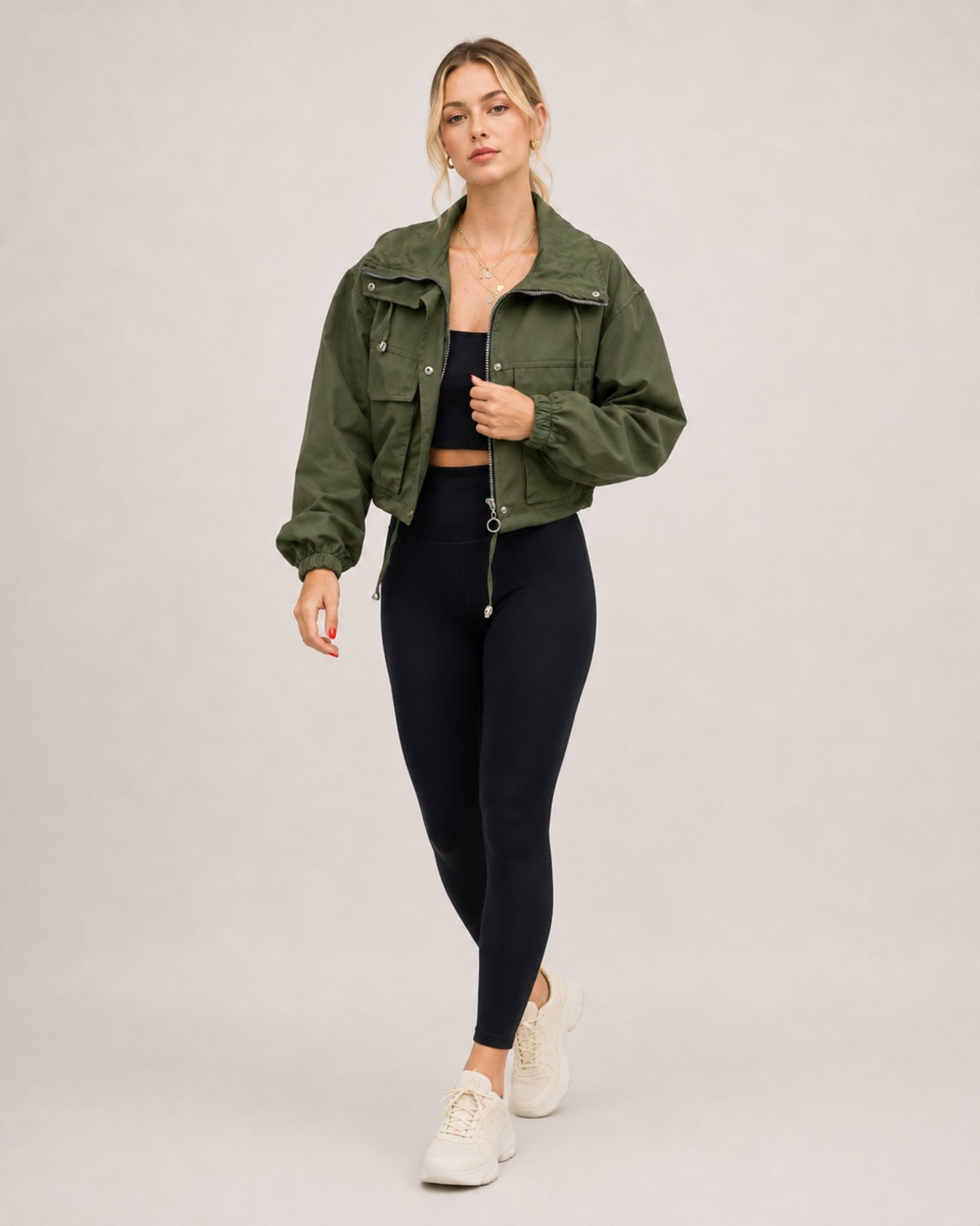 Women's Cropped Utility Jacket with Stand Collar and Chest Pockets