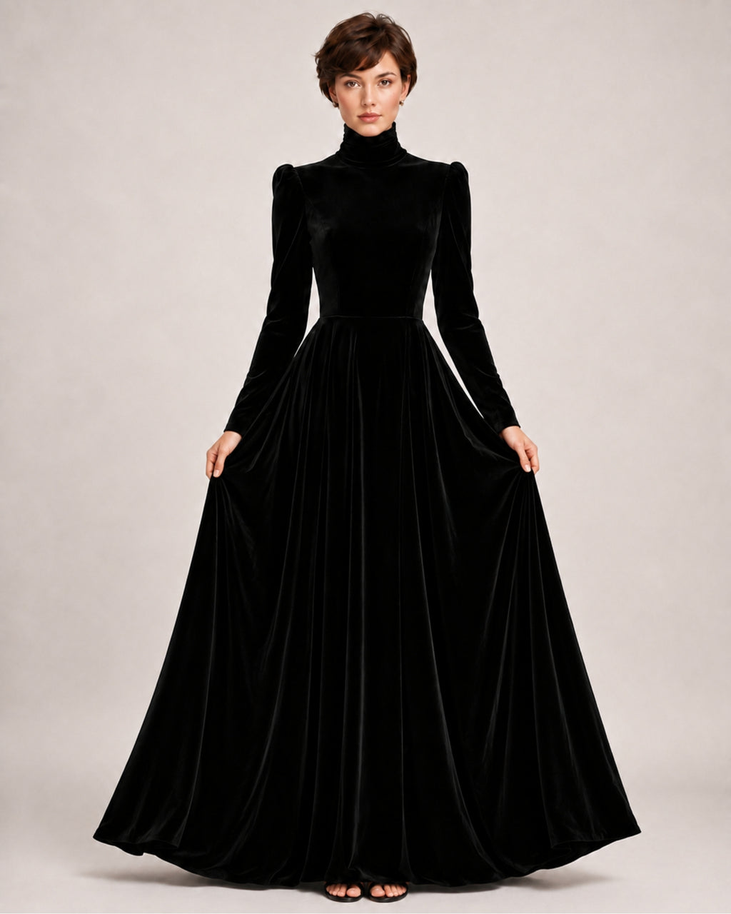 Women's Velvet Dress High Neck Long Sleeve A Line Style