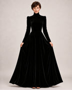 Women's Velvet Dress High Neck Long Sleeve A Line Style