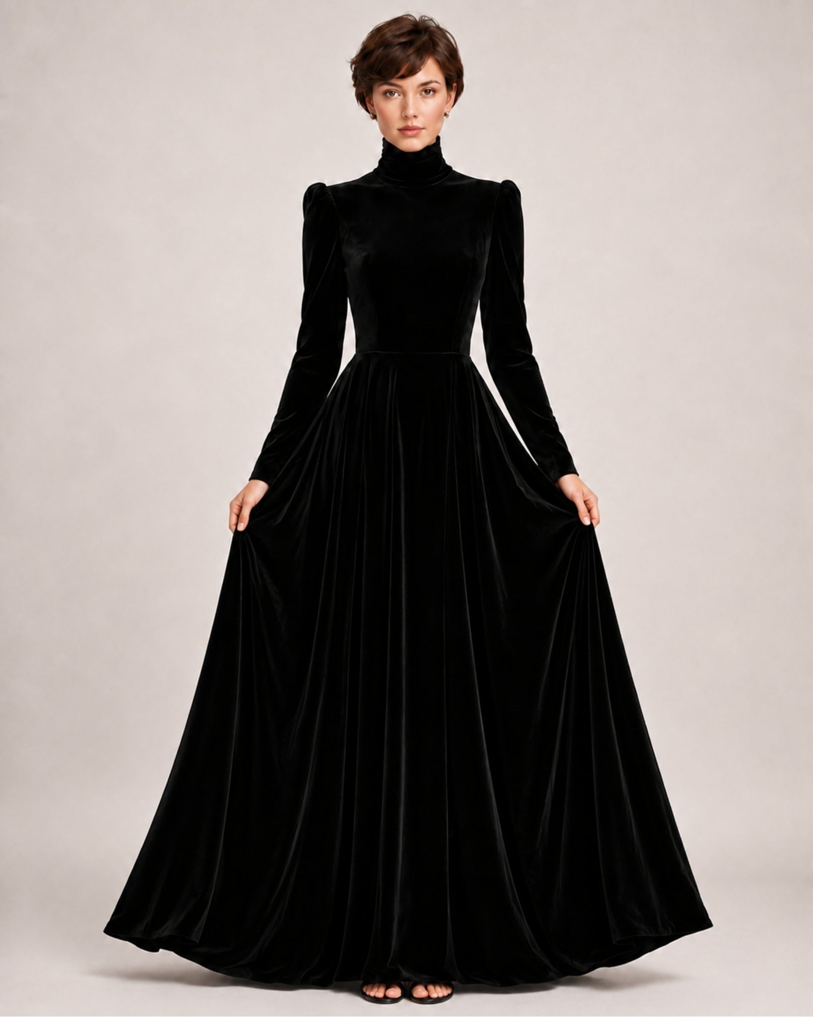 Women's Velvet Dress High Neck Long Sleeve A Line Style