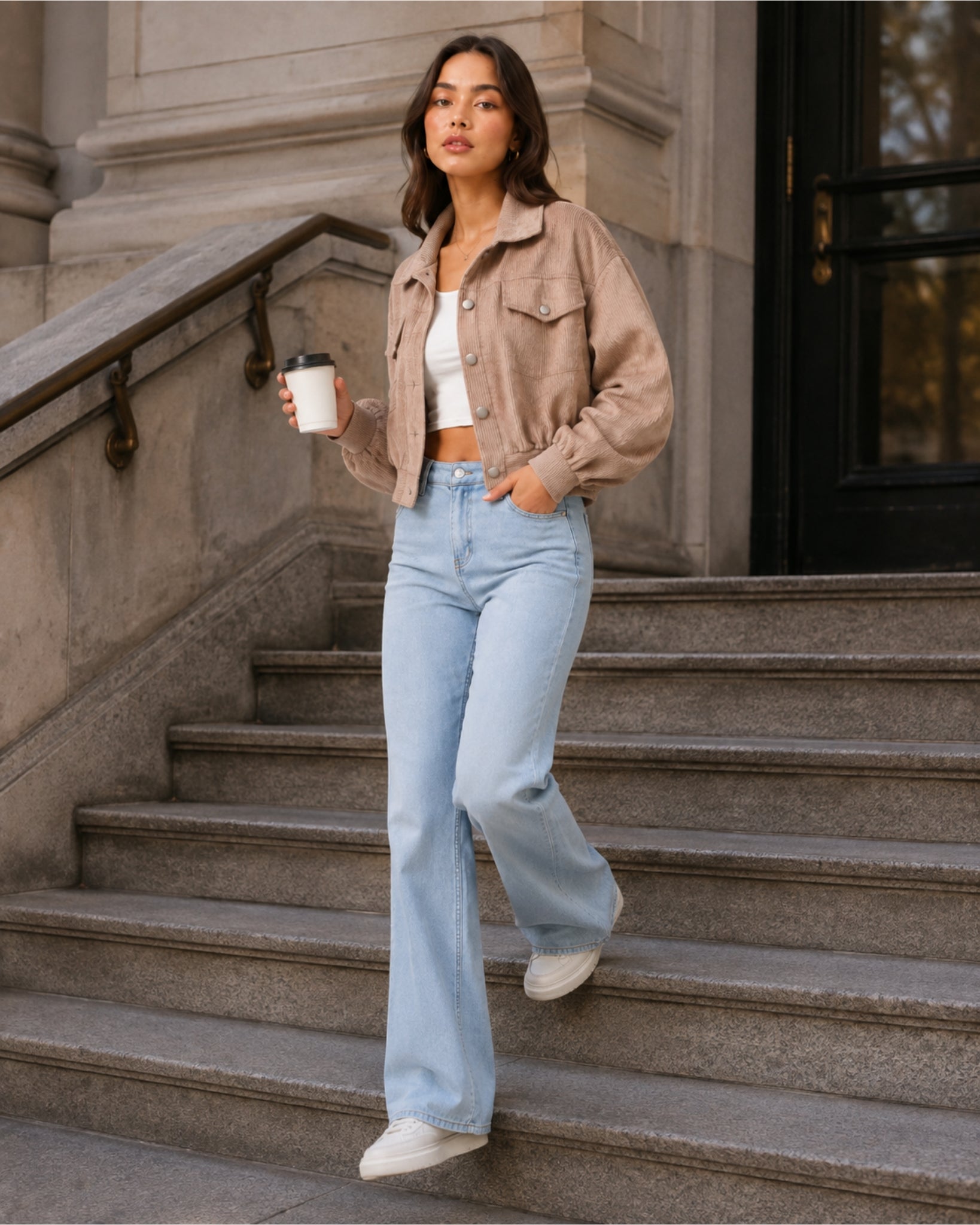 Women's Brown Corduroy Jacket – Cropped Button-Up Style