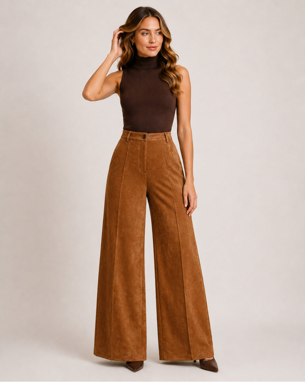 Women's Brown Wide Leg Trousers – Faux Suede