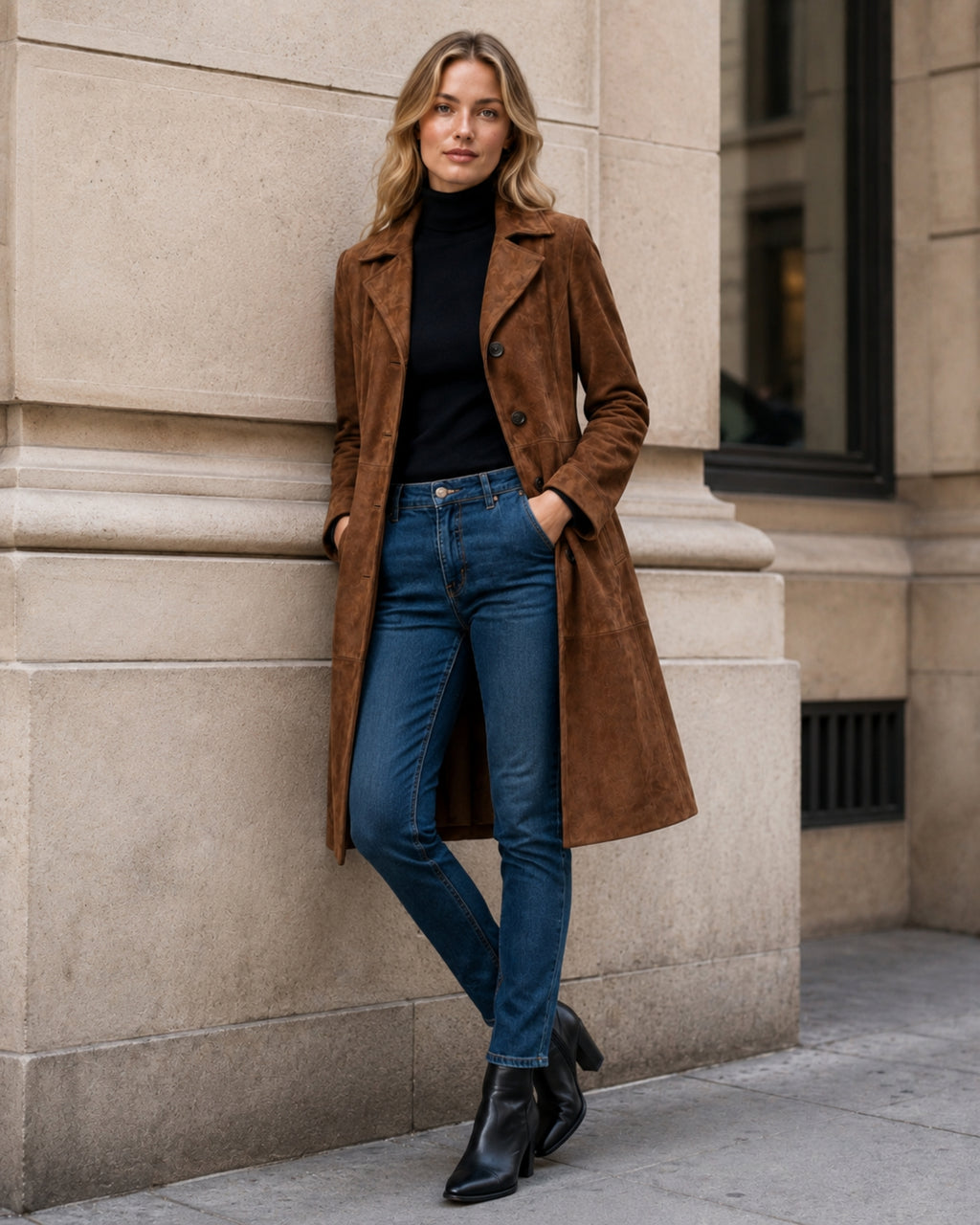 Women's Suede Coat Long Brown Tailored Style