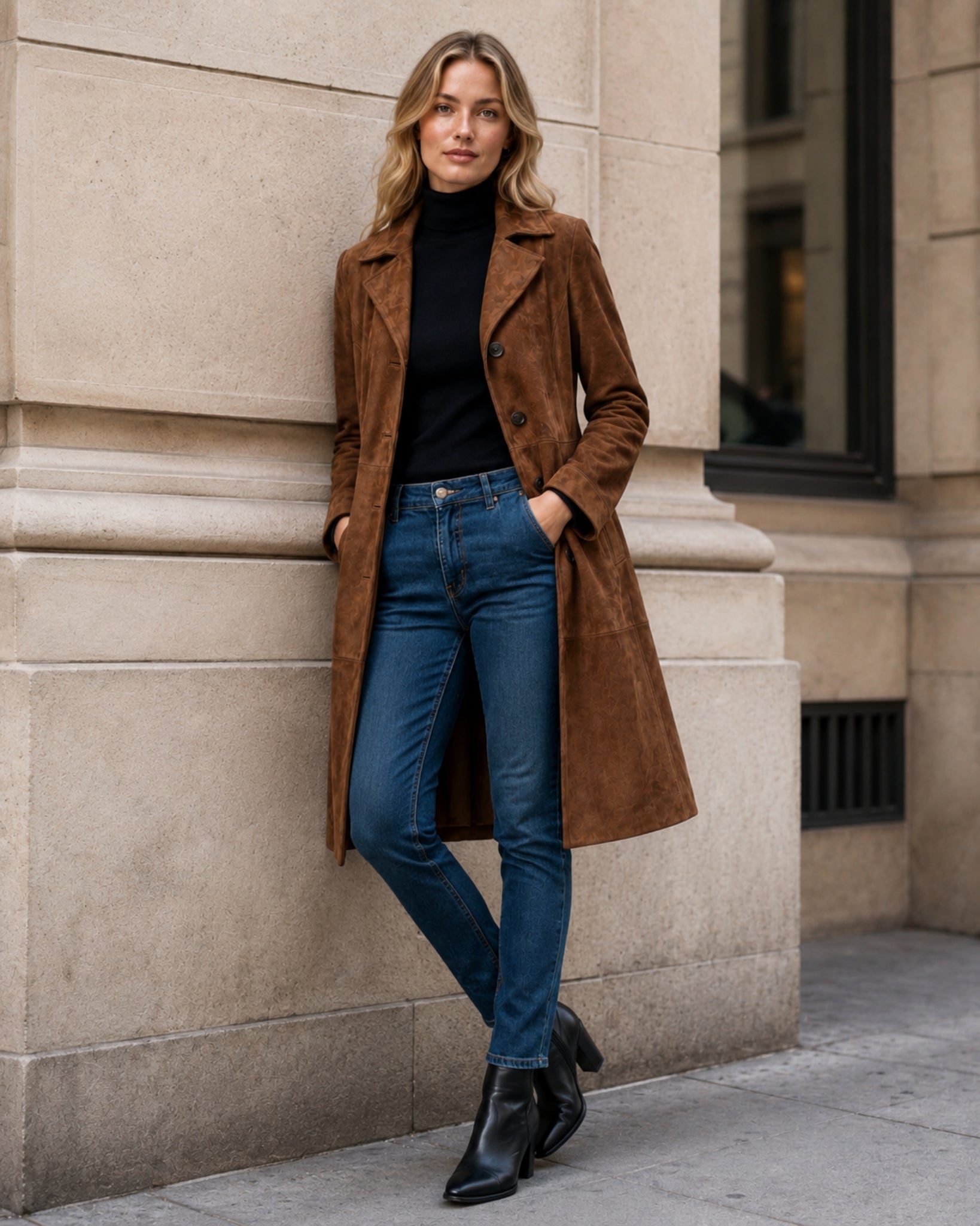 Women's Suede Coat Long Brown Tailored Style