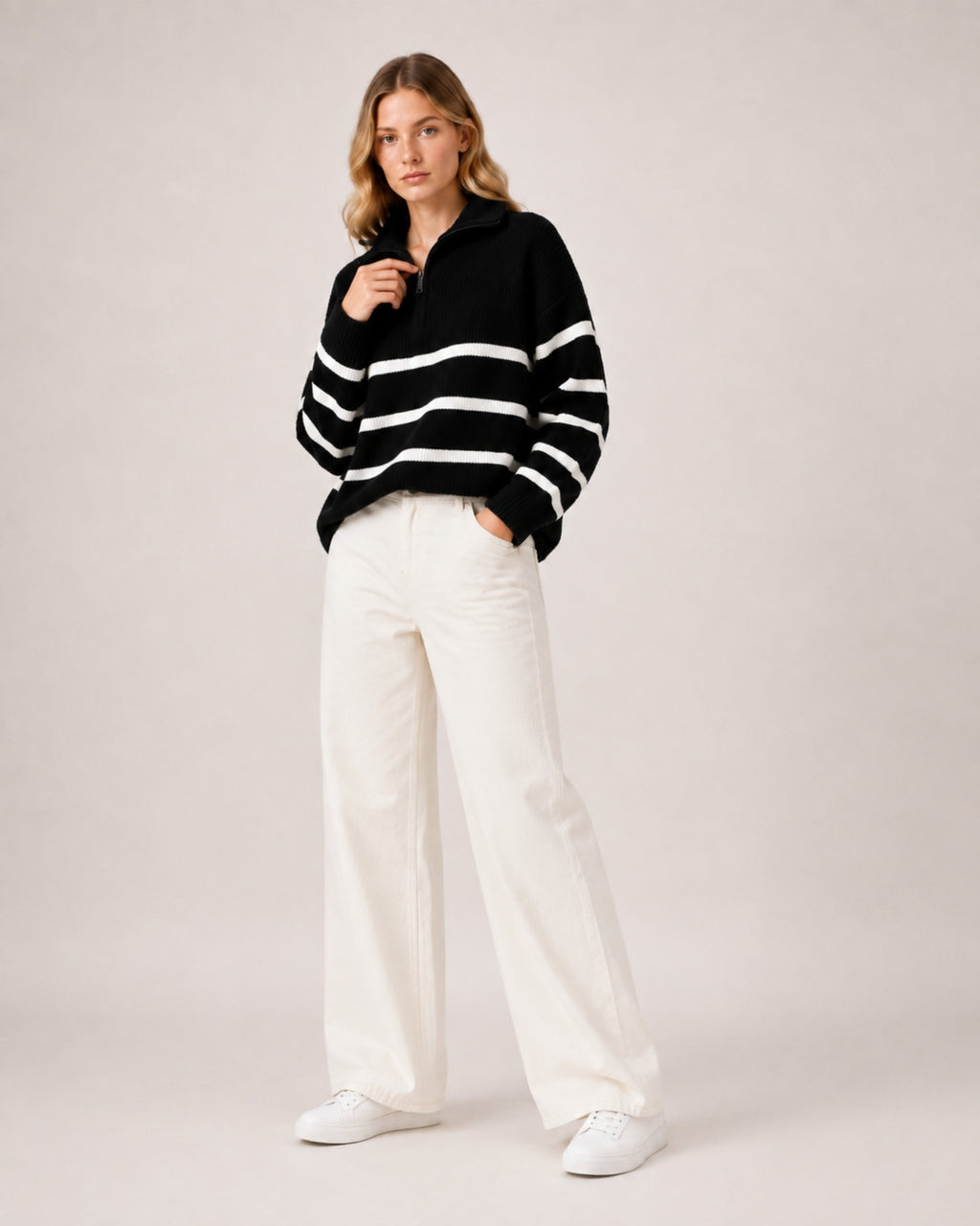 Women's Striped Jumper Half Zip Collared Knit Style