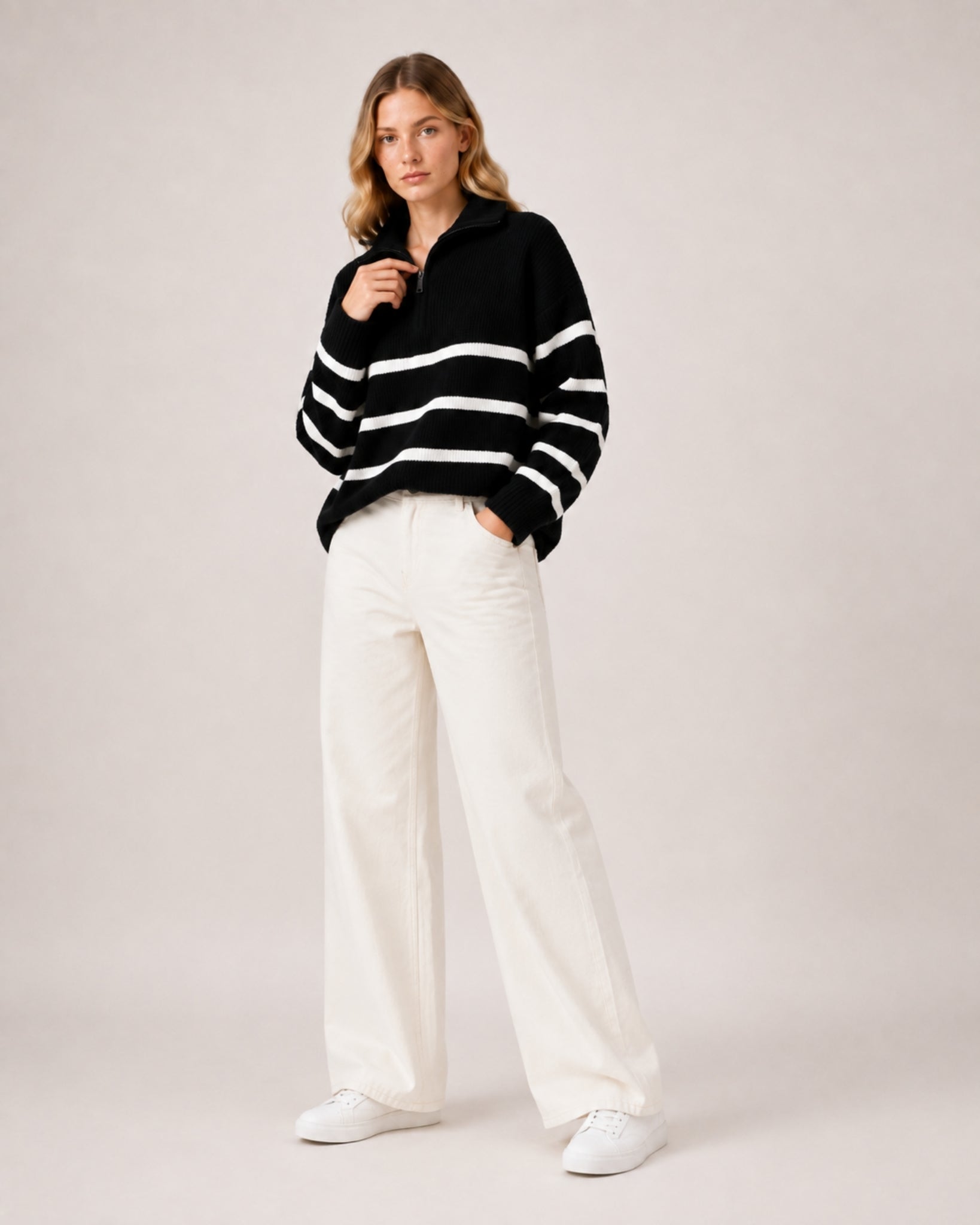 Women's Striped Jumper Half Zip Collared Knit Style