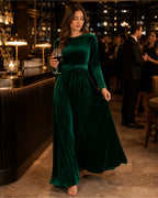 Women's Velvet Maxi Dress Long Sleeve Belted Style