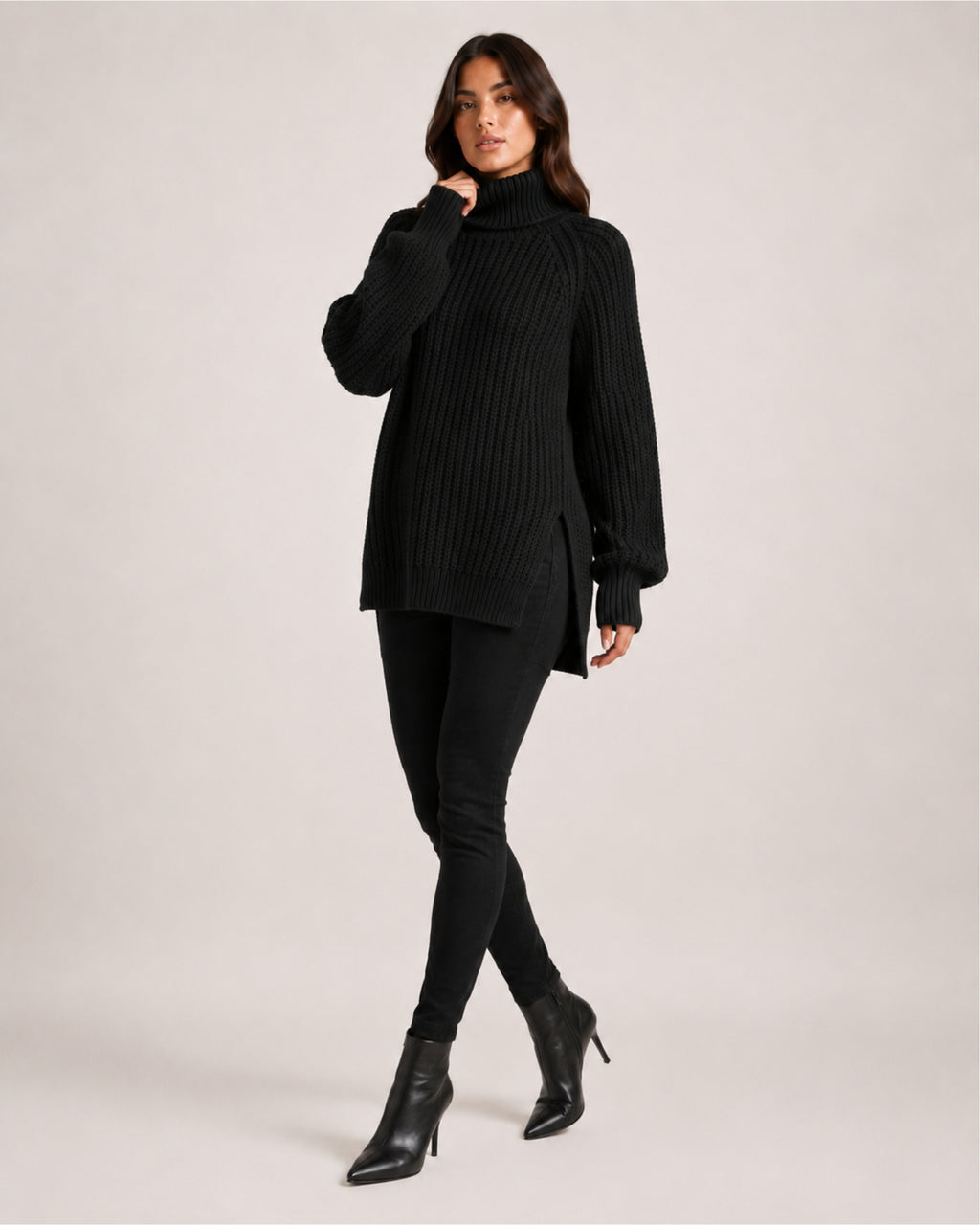 Women's Chunky Knit Roll Neck Jumper with Side Splits