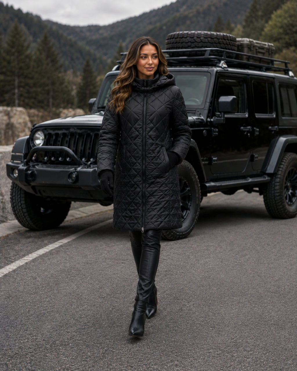 Women's Long Quilted Coat with Diamond Stitching