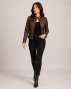Women's Brown Faux Leather Jacket – Fitted Zip-Up Style