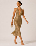 Women's Gold Sequin Party Midi Dress – Halter Neck Bodycon Dress
