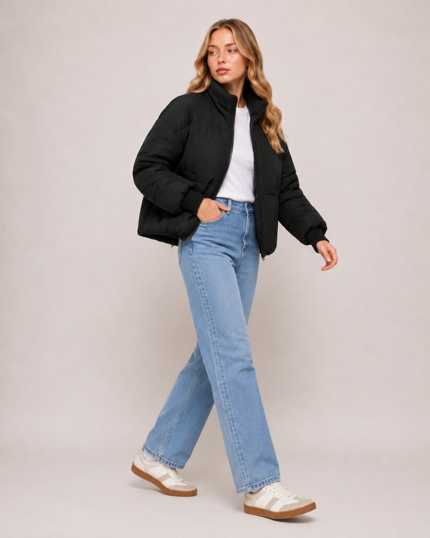 Women's Cropped Puffer Jacket with High Neck and Ribbed Cuffs