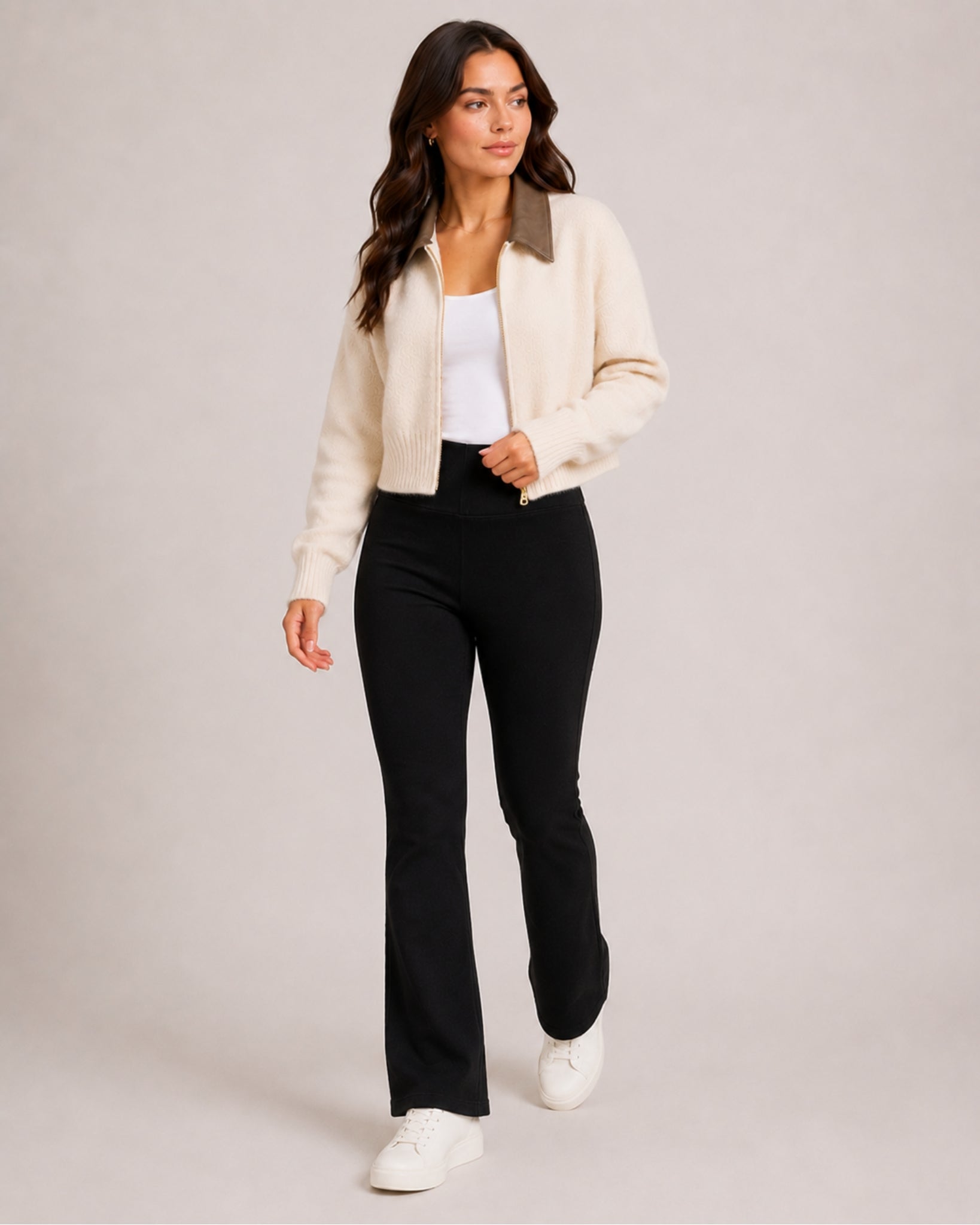 Women's Cropped Zip-Up Cardigan with Contrast Collar