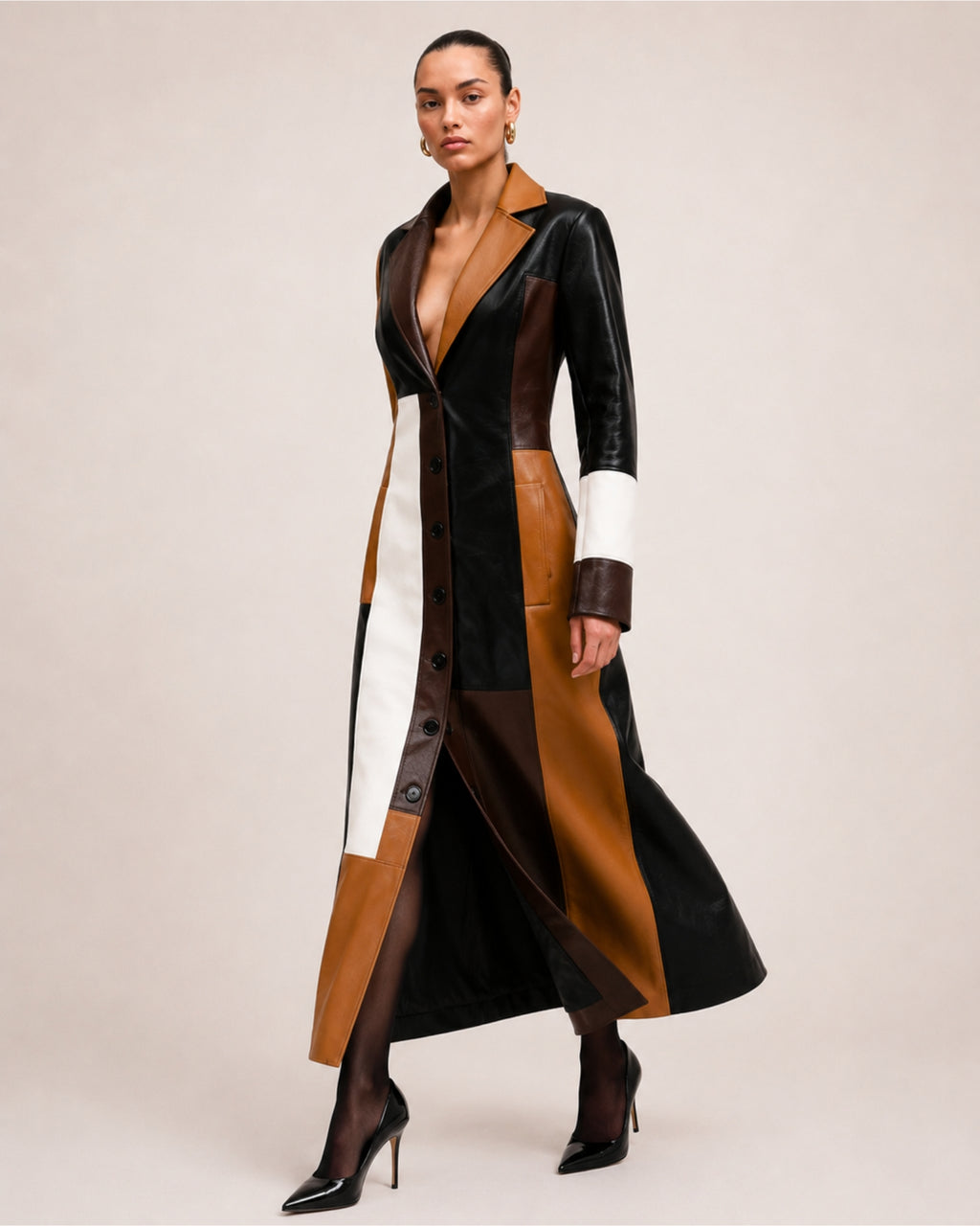 Women's Long Trench Coat with Patchwork Colour Block Design