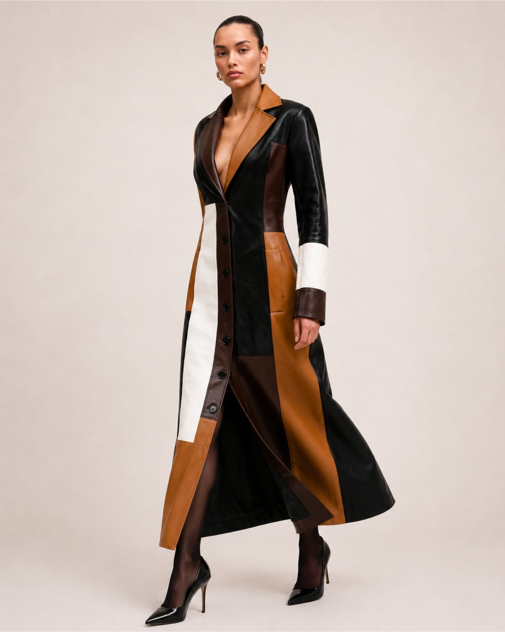 Women's Long Trench Coat with Patchwork Colour Block Design