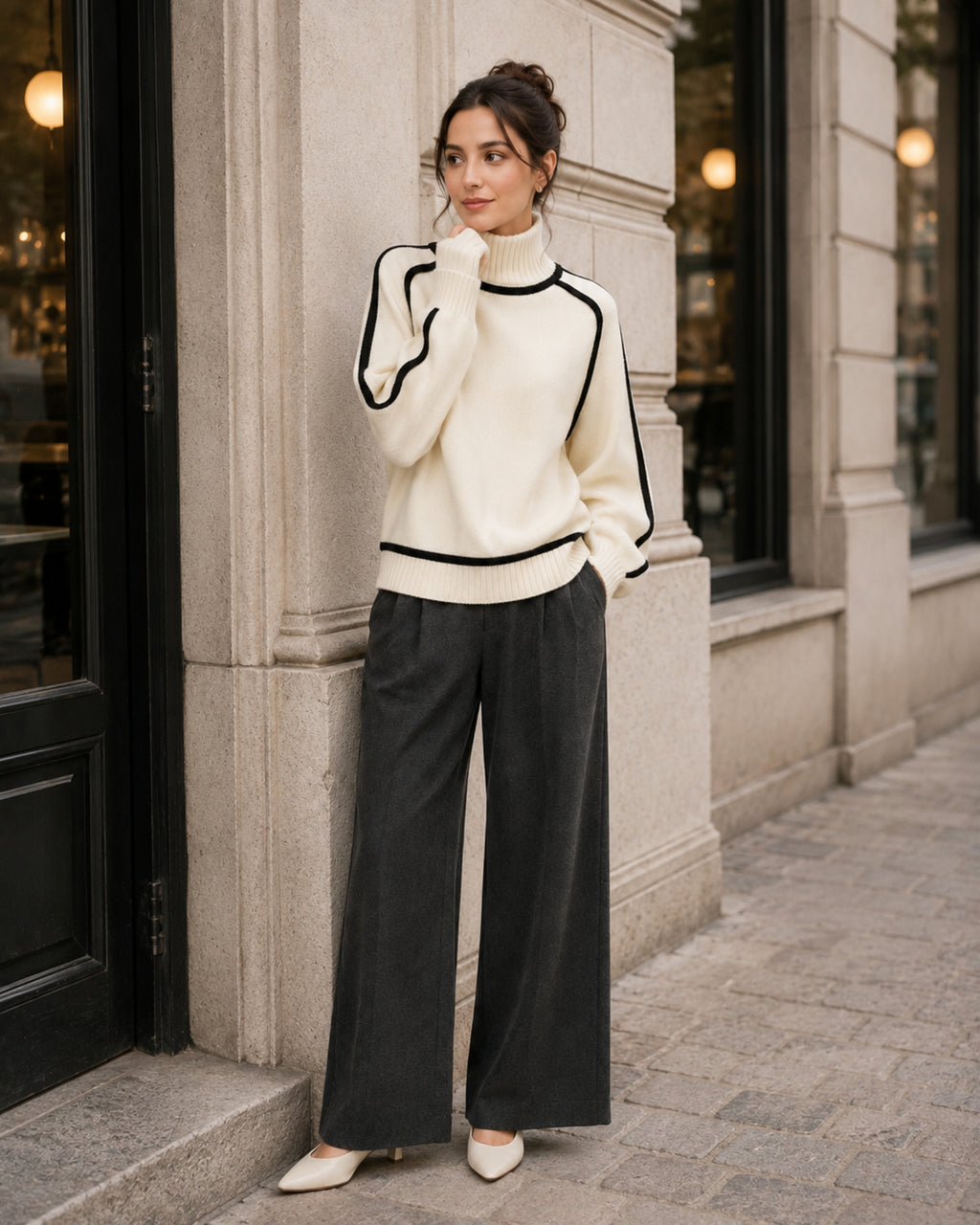 Women's Oversized Turtleneck Jumper with Contrast Trim