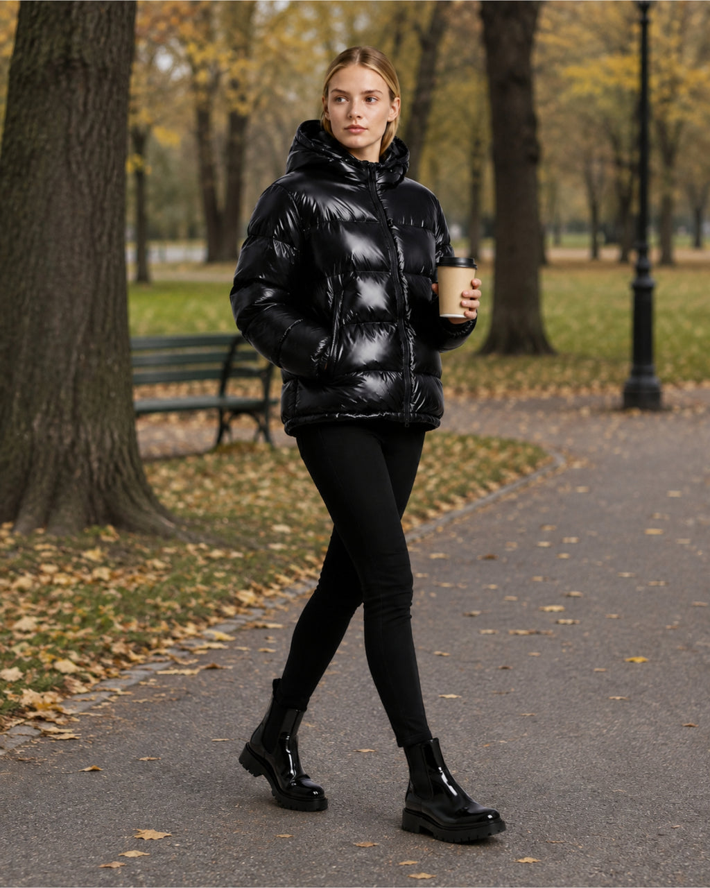 Women's Shiny Puffer Jacket with High Collar