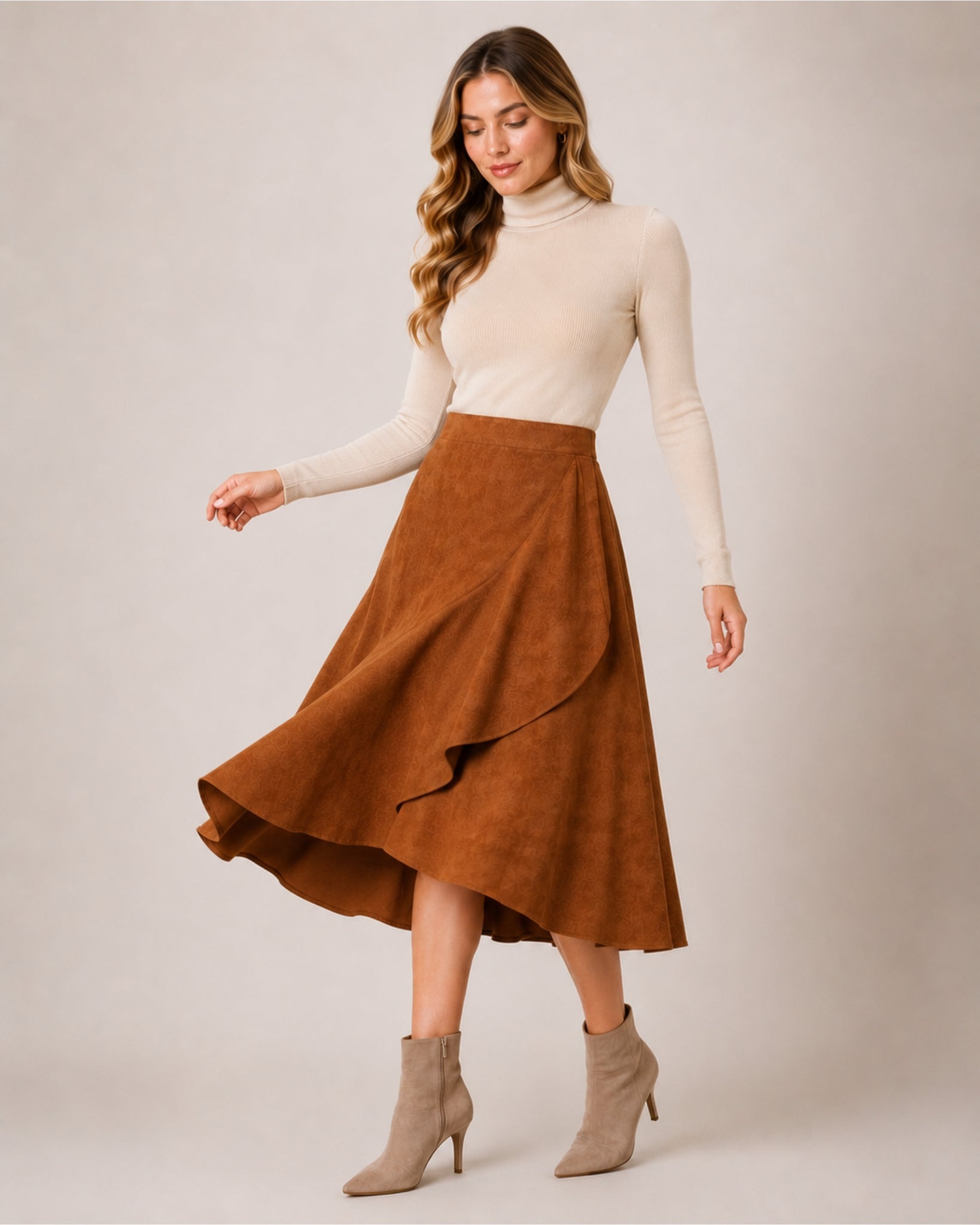 Women's Faux Suede Ruffle Midi Skirt