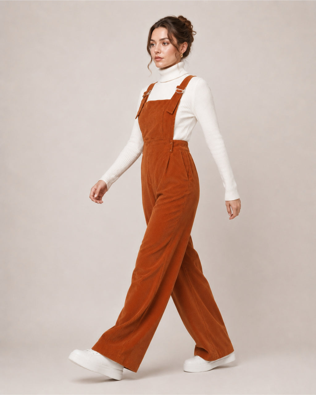 Women's Brown Corduroy Overalls with Wide Leg