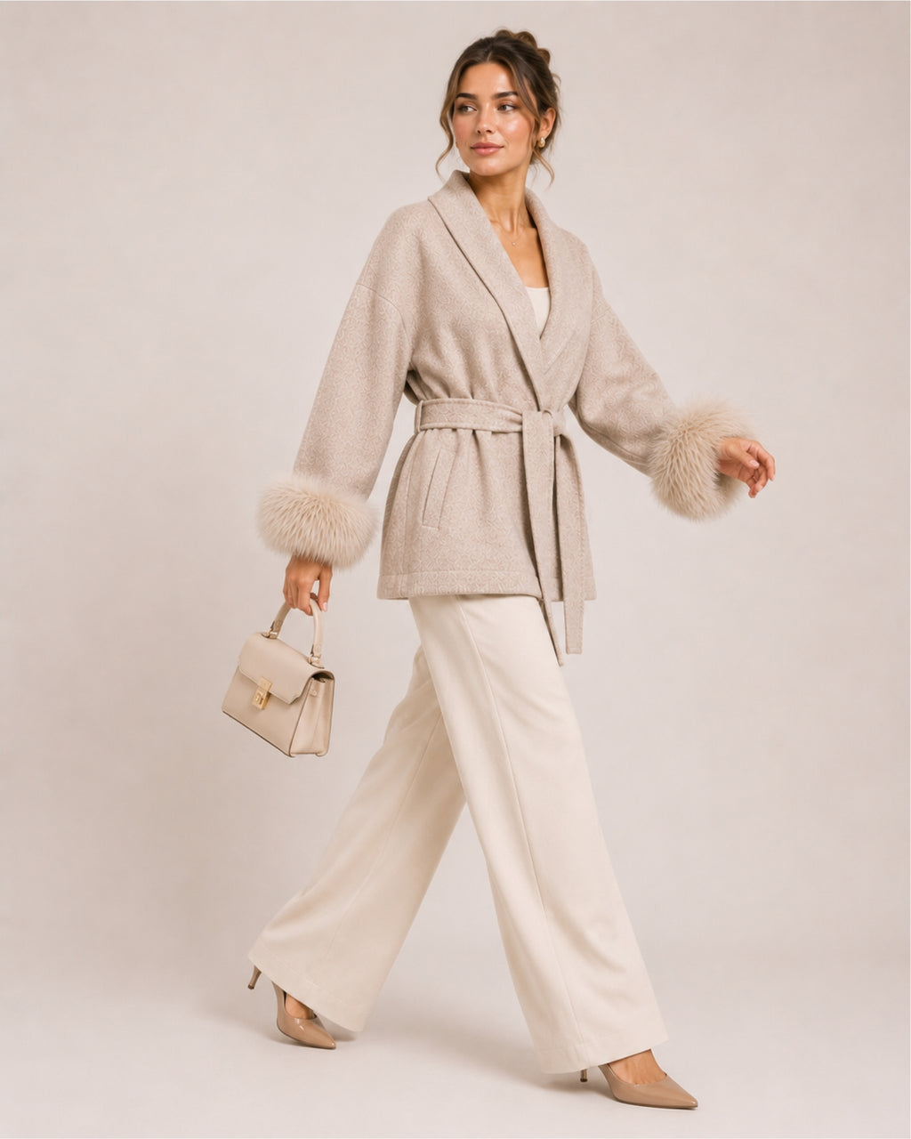 Women's Short Belted Coat with Faux Fur Cuffs