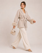 Women's Short Belted Coat with Faux Fur Cuffs