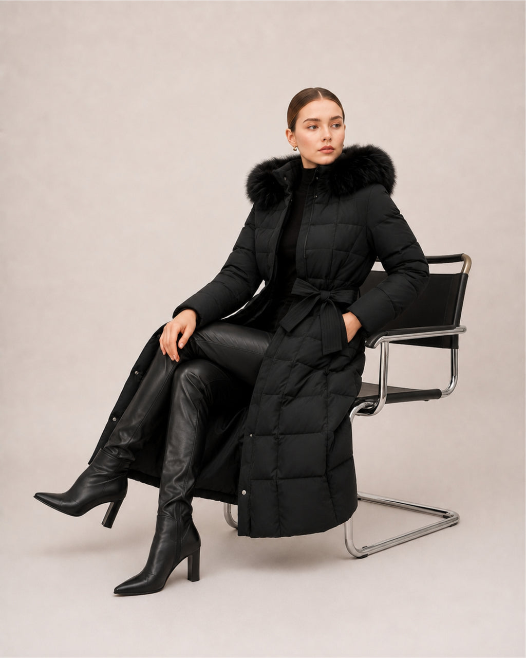 Women's Long Puffer Coat with Faux Fur Hood & Belt
