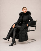 Women's Long Puffer Coat with Faux Fur Hood & Belt