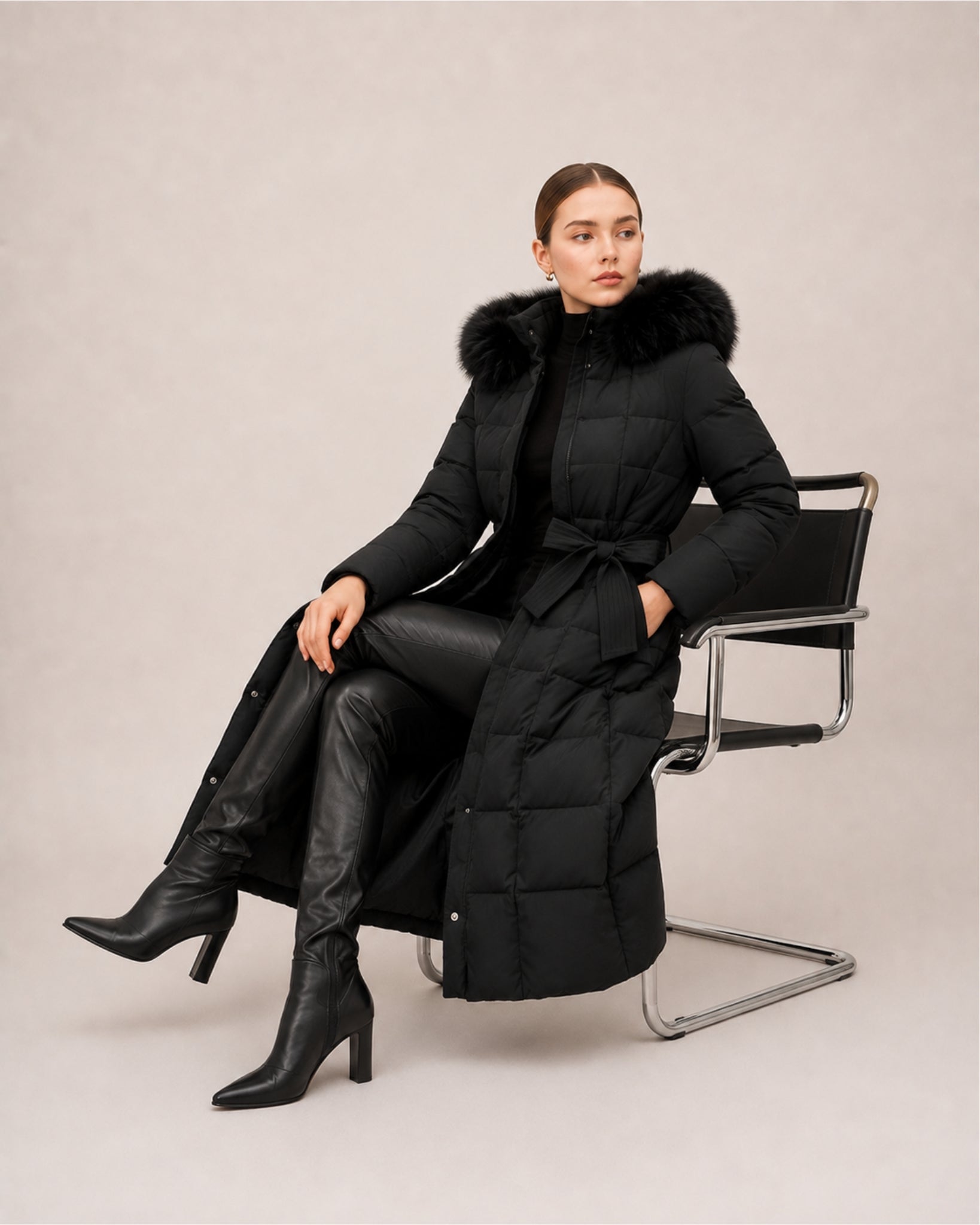 Women's Long Puffer Coat with Faux Fur Hood & Belt