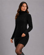 Women's Cable Knit Jumper Dress – Oversized Roll Neck Knitted Dress